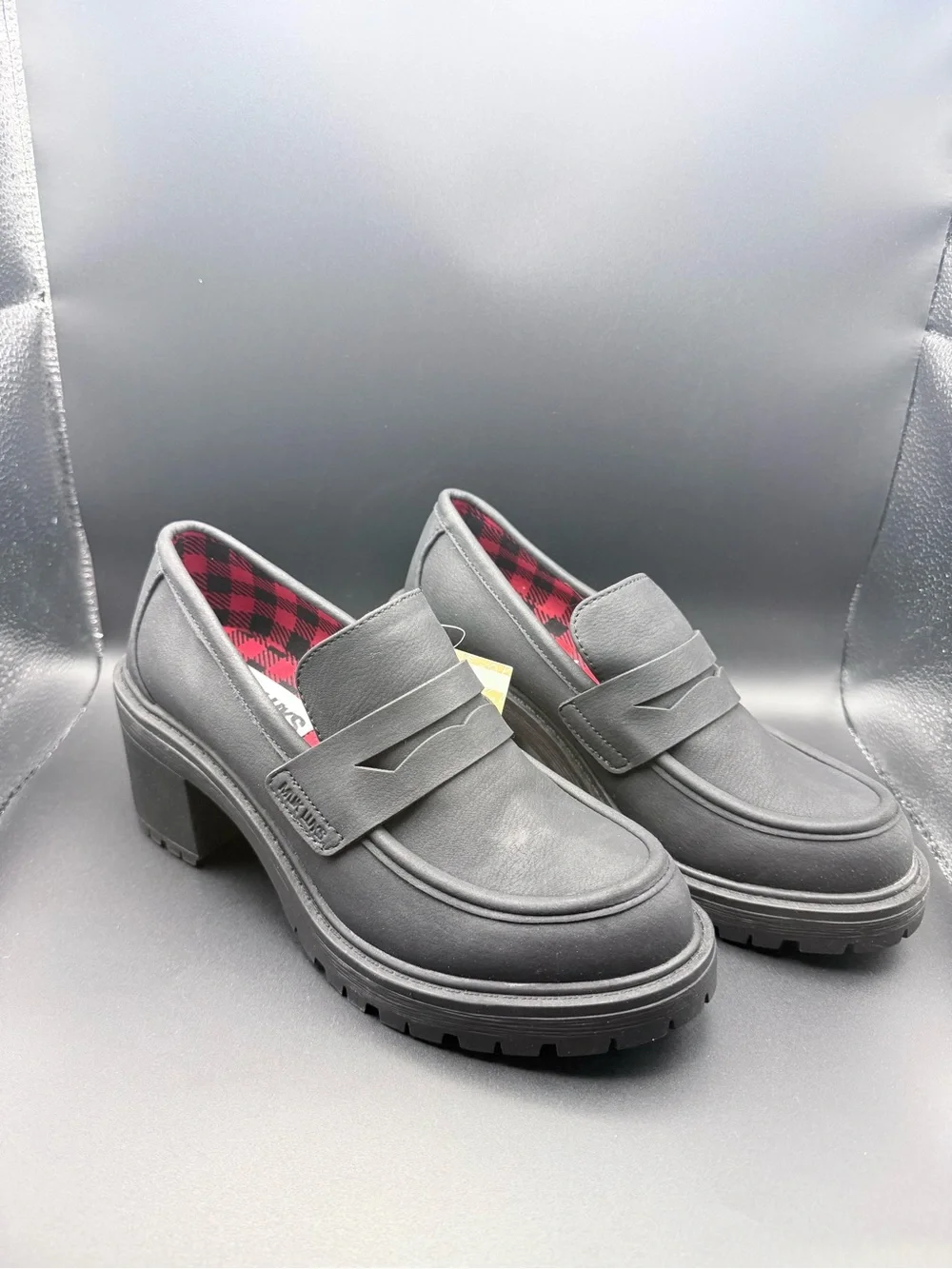 Muk Luks - Black Lug Heel Penny Loafers with Red Plaid Lining